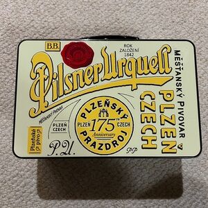 Pilsner Urquell Tin Lunchbox in Cream and Yellow. Plzen Czech 175th anniversary